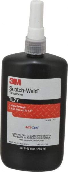 3M - 250 mL, Red, High Strength Liquid Threadlocker - Series TL77, 24 hr Full Cure Time, Hand Tool, Heat Removal - USA Tool & Supply