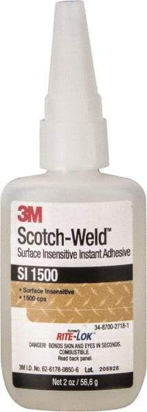 3M - 2 oz Bottle Clear Instant Adhesive - Series SI1500, 5 to 60 sec Working Time, 24 hr Full Cure Time, Bonds to Cardboard, Ceramic, Fabric, Fiberglass, Foam, Glass, Leather, Metal, Paper, Plastic, Rubber, Vinyl & Wood - USA Tool & Supply