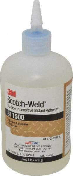 3M - 1 Lb Bottle Clear Instant Adhesive - Series SI1500, 5 to 60 sec Working Time, 24 hr Full Cure Time, Bonds to Cardboard, Ceramic, Fabric, Fiberglass, Foam, Glass, Leather, Metal, Paper, Plastic, Rubber, Vinyl & Wood - USA Tool & Supply