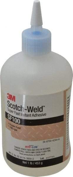 3M - 1 Lb Bottle Clear Instant Adhesive - Series SF100, 3 to 30 sec Working Time, 24 hr Full Cure Time, Bonds to Cardboard, Ceramic, Fabric, Fiberglass, Foam, Glass, Leather, Metal, Paper, Plastic, Rubber, Vinyl & Wood - USA Tool & Supply