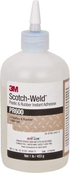 3M - 1 Lb Bottle Clear Instant Adhesive - Series PR600, 4 to 25 sec Working Time, 24 hr Full Cure Time, Bonds to Cardboard, Ceramic, Fabric, Fiberglass, Foam, Glass, Leather, Metal, Paper, Plastic, Rubber, Vinyl & Wood - USA Tool & Supply