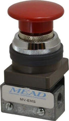 Mead - 1/8" NPT Emergency Stop Manual Valve - 3 Ports, 3-Way, 2-Position Detent, Emergency Stop Push Button Red & Manual Return - USA Tool & Supply