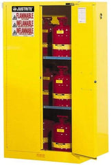 Justrite - 2 Door, 2 Shelf, Yellow Steel Standard Safety Cabinet for Flammable and Combustible Liquids - 65" High x 34" Wide x 34" Deep, Self Closing Door, 3 Point Key Lock, 60 Gal Capacity - USA Tool & Supply