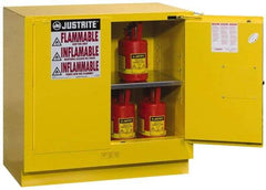 Justrite - 2 Door, 1 Shelf, Yellow Steel Under the Counter Safety Cabinet for Flammable and Combustible Liquids - 35" High x 35" Wide x 22" Deep, Self Closing Door, 22 Gal Capacity - USA Tool & Supply