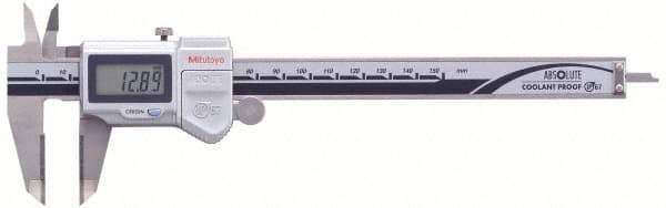 Mitutoyo - 0 to 150mm Range, 0.01mm Resolution, IP67 Electronic Caliper - Stainless Steel with 40mm Stainless Steel Jaws, 0.05mm Accuracy, SPC Output - USA Tool & Supply