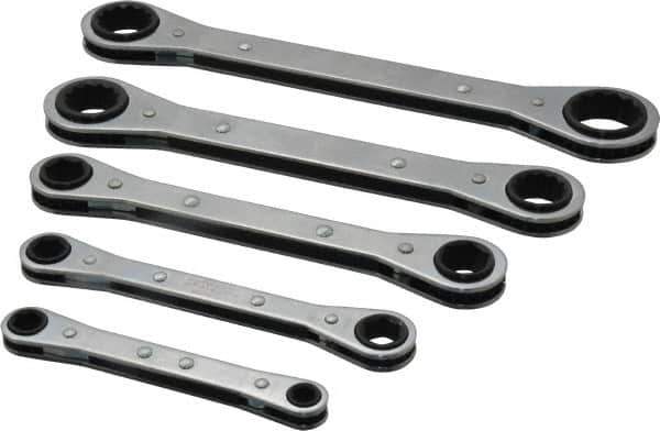 Lang - 5 Piece, 1/4 to 7/8", 12 Point, Ratcheting Box Wrench Set - Inch System of Measurement, Chrome Finish, Comes in Vinyl Roll - USA Tool & Supply