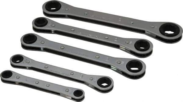 Lang - 5 Piece, 7 to 17mm, Ratcheting Box Wrench Set - Metric System of Measurement, Chrome Finish, Comes in Vinyl Roll - USA Tool & Supply