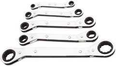 Lang - 5 Piece, 1/4 x 5/16 to 3/4 x 7/8", Ratcheting Box Wrench Set - Inch System of Measurement, Chrome Finish, Comes in Vinyl Roll - USA Tool & Supply