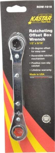 Lang - 1/2" x 9/16" 6 Point Reversible Ratcheting Offset Box Wrench - Double End, 6-3/4" OAL, Steel, 25° Offset - USA Tool & Supply