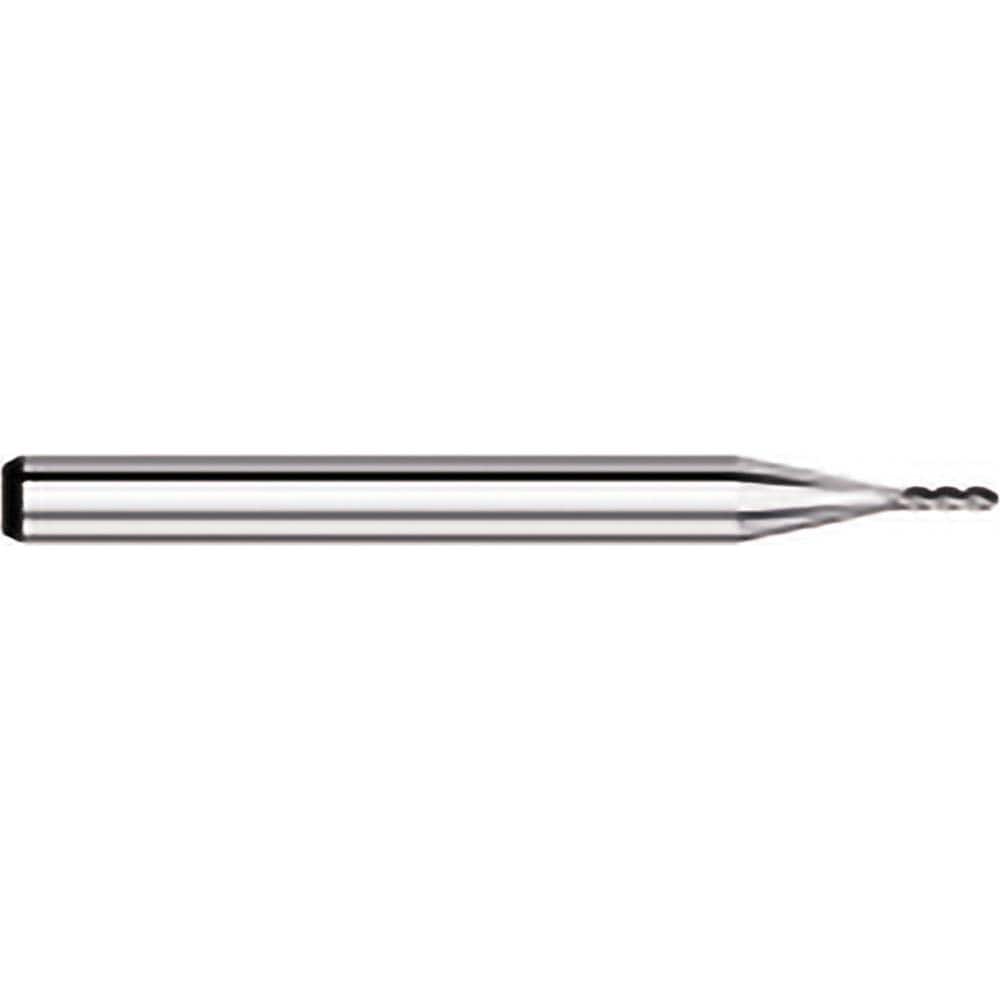 Ball End Mill: 0.01″ Dia, 0.03″ LOC, 4 Flute, Solid Carbide 1-1/2″ OAL, 1/8″ Shank Dia, 30 ° Helix, Uncoated, Single End