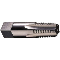 Vermont Tap & Die - 1/8-27 NPTF, 5 Flutes, Bright Finish, High Speed Steel, Interrupted Thread Pipe Tap - 2-1/8 Inch Overall Length, 5/16 Inch Shank Diameter, 3/4 Inch Thread Length, 0.23 Inch Square Size, Regular Hook, Taper Chamfer, Series 3182 - Exact Industrial Supply