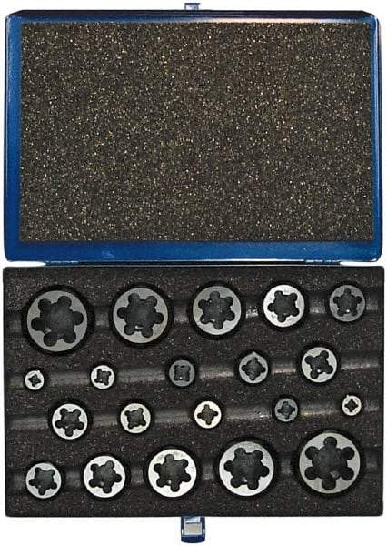 Vermont Tap & Die - 1/4-20 to 1-14 UNC, UNF, UNS, Hex Die Set - Carbon Steel, 20 Piece Set, Comes with Metal Case - Exact Industrial Supply