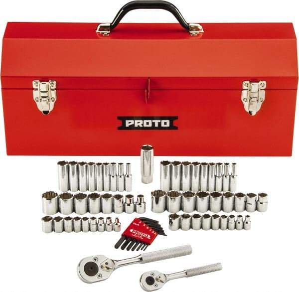 Proto - 63 Piece 1/4" & 3/8" Drive Full Polish Finish Deep Well Impact Socket Set - 6, 12 Points, 1/4" to 3/4" (5mm to 18mm) Range, Inch/Metric Measurement Standard - USA Tool & Supply