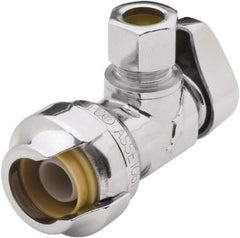 SharkBite - 1/2 & 1/4" Pipe, 200 psi WOG Rating, Brass Angle Stop Valve - Chrome Finished Handle, Push Fit End Connections, For Potable Water Applications - USA Tool & Supply