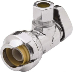 SharkBite - 1/2 & 3/8" Pipe, 200 psi WOG Rating, Brass Angle Stop Valve - Chrome Finished Handle, Push Fit End Connections, For Potable Water Applications - USA Tool & Supply