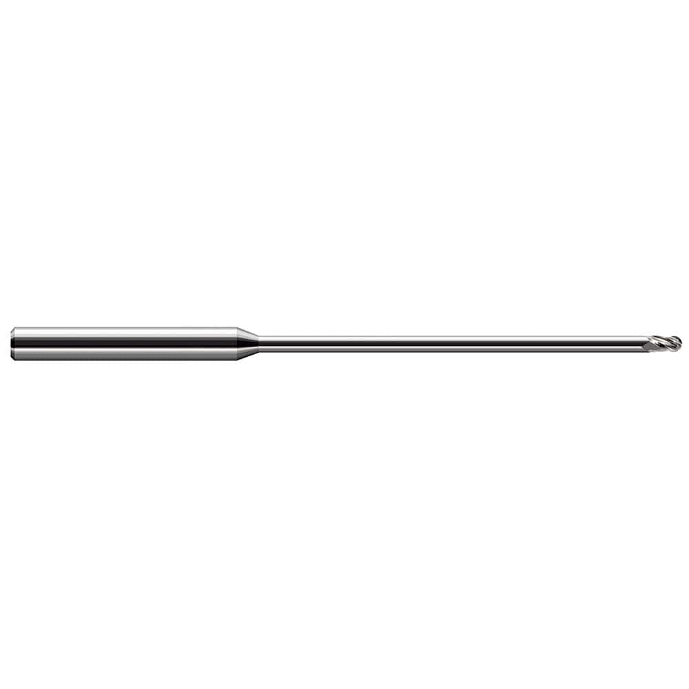 Ball End Mill: 0.015″ Dia, 0.022″ LOC, 3 Flute, Solid Carbide 2-1/2″ OAL, 1/8″ Shank Dia, 30 ° Helix, Uncoated, Single End