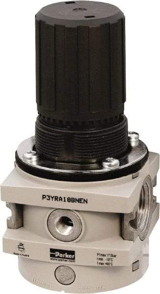 Parker - 1 NPT Port, 550 CFM, Aluminum Hi-Flow Regulator - 0 to 174 psi Range, 254 Max psi Supply Pressure, 1/4" Gauge Port Thread, 3-1/2" Wide x 7.2" High - USA Tool & Supply