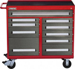 Proto - 10 Drawer Steel Tool Roller Cabinet - 45" Wide x 42-1/2" High x 21-3/8" Deep, Ball Bearing Drawer Slides, Safety Red/Gray - USA Tool & Supply