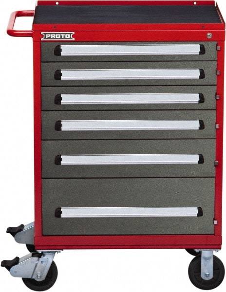 Proto - 6 Drawer Steel Tool Roller Cabinet - 30" Wide x 42-1/2" High x 21-3/8" Deep, Ball Bearing Drawer Slides, Safety Red/Gray - USA Tool & Supply