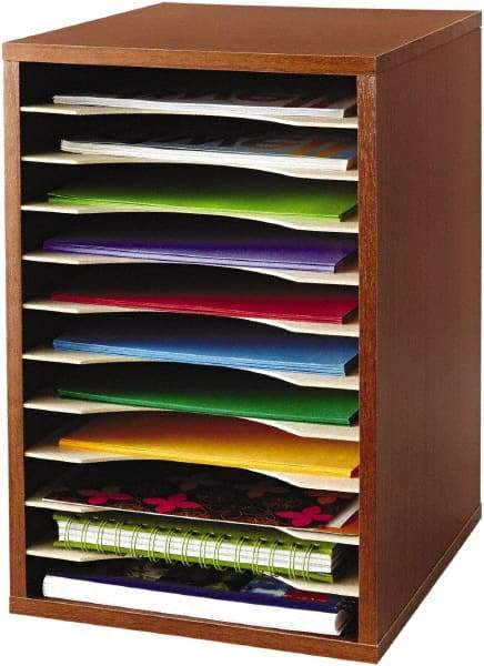 Safco - 10-3/4" Wide x 16" High x 12" Deep Fiberboard, Hardboard & Laminated Compressed Wood Document Organizer - 11 Compartments, Cherry, 9-1/2" Wide x 1-1/4" High x 11-5/8" Deep Compartment - USA Tool & Supply