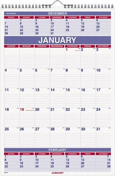 AT-A-GLANCE - 12 Sheet, 8-3/4 x 10", Wall Calendar - White - USA Tool & Supply