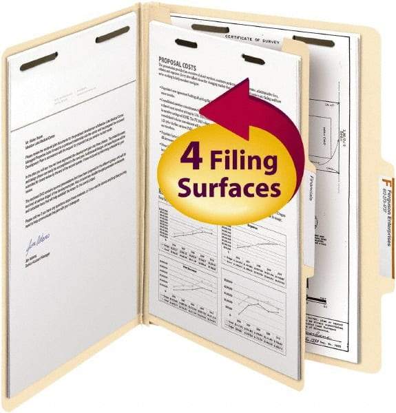 SMEAD - 8-1/2 x 11", Letter Size, Manila, Classification Folders with Top Tab Fastener - 18 Point Stock, Right of Center Tab Cut Location - USA Tool & Supply
