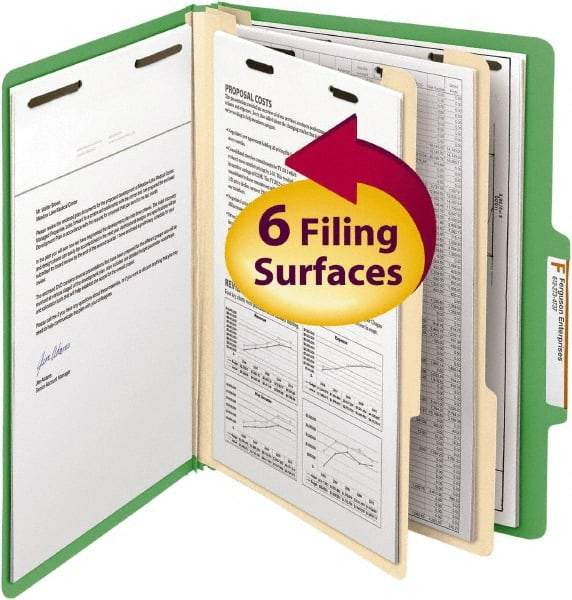 SMEAD - 8-1/2 x 11", Letter Size, Green, Classification Folders with Top Tab Fastener - 14 Point Stock, Right of Center Tab Cut Location - USA Tool & Supply