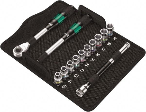 Wera - 13 Piece 1/2" Drive Thin Wall Standard Socket Set - 6 Points, 10 to 19mm, Metric Measurement Standard - USA Tool & Supply