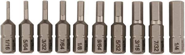 Wiha - 10 Piece, 1/4" Drive Screwdriver Insert Bit Set - 1/16 to 1/4" Hex - USA Tool & Supply