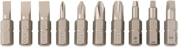 Wiha - 10 Piece, 1/4" Drive Screwdriver Insert Bit Set - #0 to #3 Phillips, #1 to #3 Square Recess, 4.5, 5.5 & 6mm Slotted - USA Tool & Supply