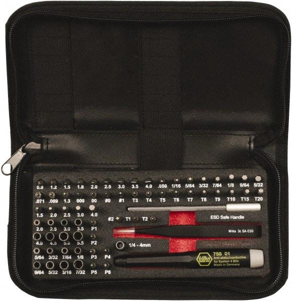 Wiha - 68 Piece, 4mm Drive Screwdriver Micro Bit Set - #000 to #2 Phillips, 0.7 to 4mm Hex, T1 to T20 Torx, 0.8, 1.2, 1.5, 1.8, 2, 2.5, 3, 3.5 & 4mm Slotted - USA Tool & Supply