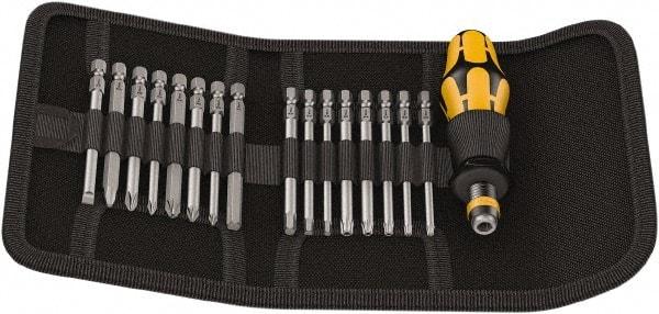 Wera - 17 Piece, 1/4" Drive Screwdriver Bit Set - #1, #2 & #3 Phillips, 3 to 6mm Hex, #1, #2 & #3 Pozidriv, 1.0x5.5mm Slotted - USA Tool & Supply