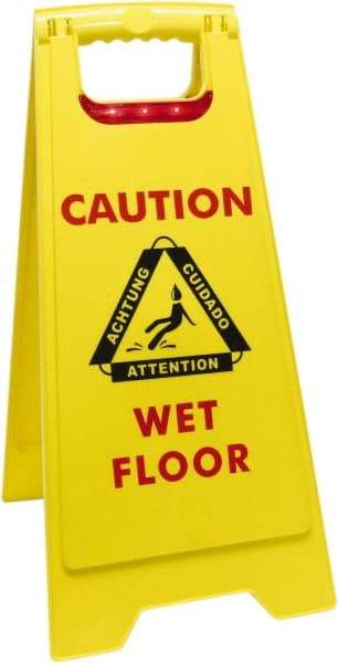 O-Cedar - Caution - Cuidado - Wet Floor - Piso Mojado, 12" Wide x 25" High, Plastic Floor Sign - English/Spanish, A-Frame, Red & Black on Yellow, For Accident Prevention - USA Tool & Supply