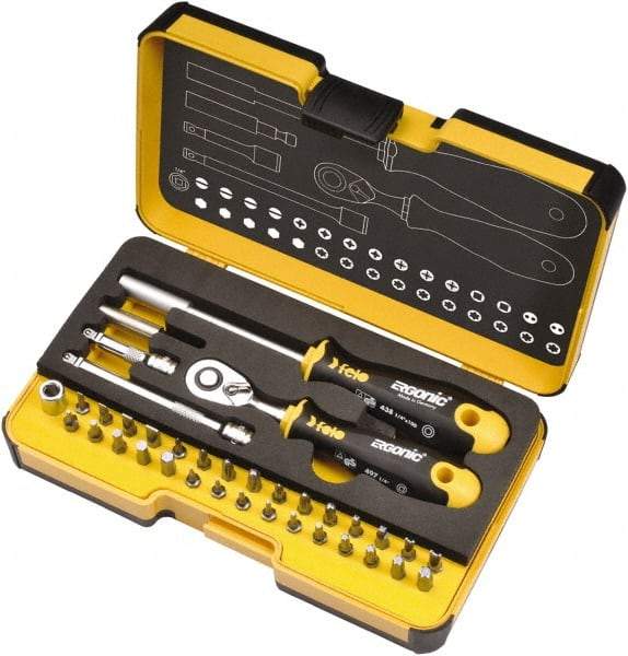 Felo - 36 Piece, 1/4" Drive Screwdriver Mini-Ratchet Bit Kit - #0 to #3 Phillips, 2 to 6mm Hex, T5 to T40 Torx, #1, #2 & #3 Pozidriv, 1/8, 5/32, 3/16, 7/32, 1/4 & 9/32" Slotted - USA Tool & Supply