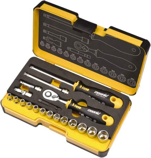 Felo - 19 Piece 1/4" Drive Chrome Finish Socket Set - 6 Points, 1/8" to 9/16" Range, Inch Measurement Standard - USA Tool & Supply