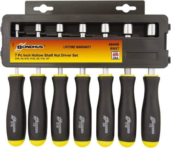 Bondhus - 7/16" Hollow Shaft Nutdriver - Ergonomic Handle, 186mm OAL - USA Tool & Supply