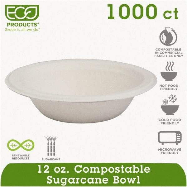 ECO PRODUCTS - Renewable & Compostable Sugarcane Bowls - 12 oz, 50/PK, 20 PK/CT - White - USA Tool & Supply