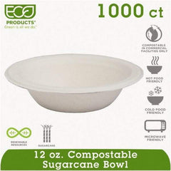 ECO PRODUCTS - Renewable & Compostable Sugarcane Bowls - 12 oz, 50/PK, 20 PK/CT - White - USA Tool & Supply