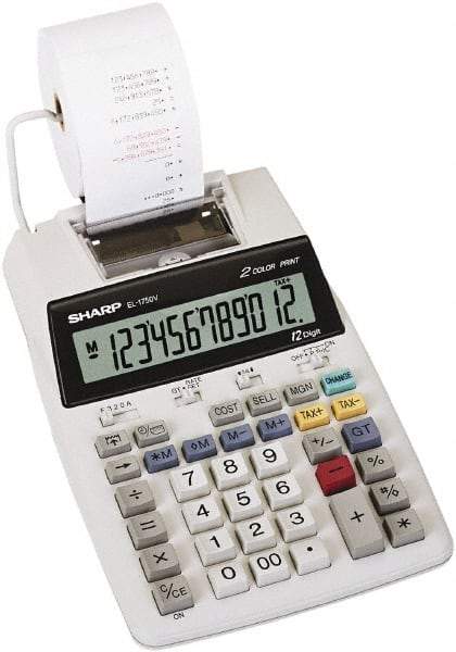 Sharp - LCD Printing Calculator - 5-7/8 x 8-7/8 Display Size, White, AC & Battery Powered, 3" Long x 6.4" Wide - USA Tool & Supply