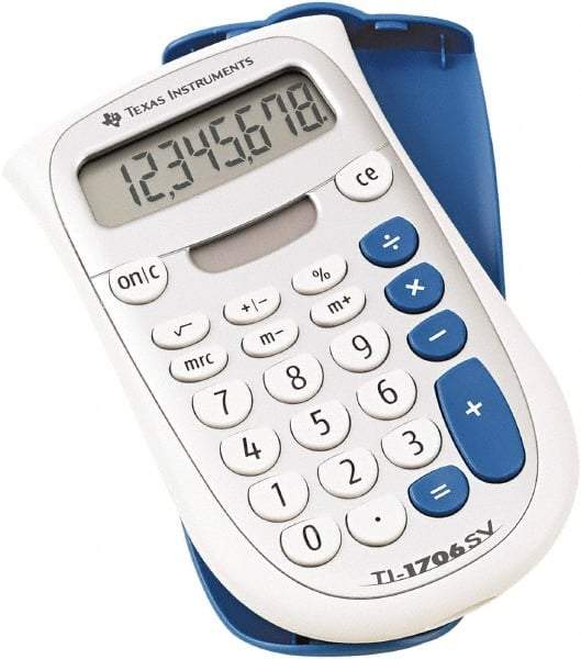 Texas Instruments - LCD Handheld Calculator - 3 x 5 Display Size, White & Blue, Battery & Solar Powered, 1" Long x 4.6" Wide - USA Tool & Supply