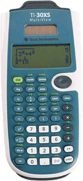 Texas Instruments - LCD Scientific Calculator - 3-1/4 x 7-1/4 Display Size, Blue & White, Battery & Solar Powered, 9-3/4" Long x 6-11/16" Wide - USA Tool & Supply