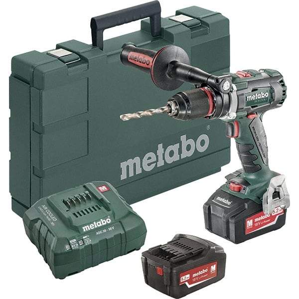 Metabo - 18 Volt 1/2" Chuck Pistol Grip Handle Cordless Drill - 0-500 & 0-1850 RPM, Keyless Chuck, Reversible, 2 Lithium-Ion Batteries Included - USA Tool & Supply