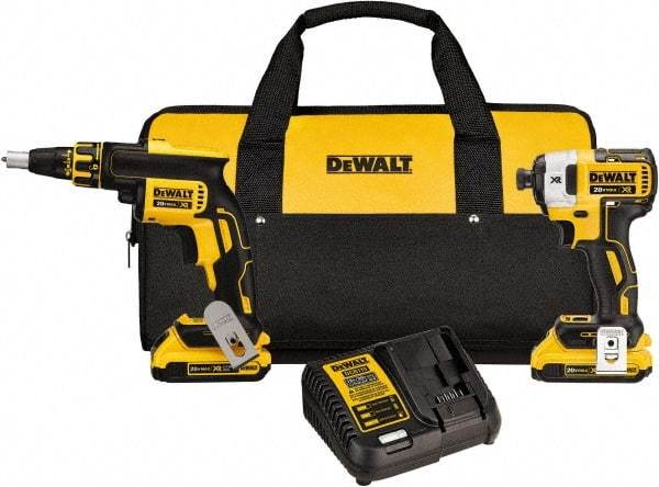 DeWALT - 20 Volt Cordless Tool Combination Kit - Includes Brushless Drywall Screwgun & 1/4" Brushless 3-Speed Impact Driver, Lithium-Ion Battery Included - USA Tool & Supply