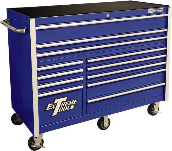 EXTREME TOOLS - 12 Drawer Steel/Aluminum Tool Roller Cabinet - 55" Wide x 46" High x 25" Deep, Ball Bearing Drawer Slides, Blue - USA Tool & Supply