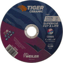 Weiler - 6" 60 Grit Ceramic Cutoff Wheel - 0.045" Thick, 7/8" Arbor, 10,200 Max RPM, Use with Angle Grinders - USA Tool & Supply