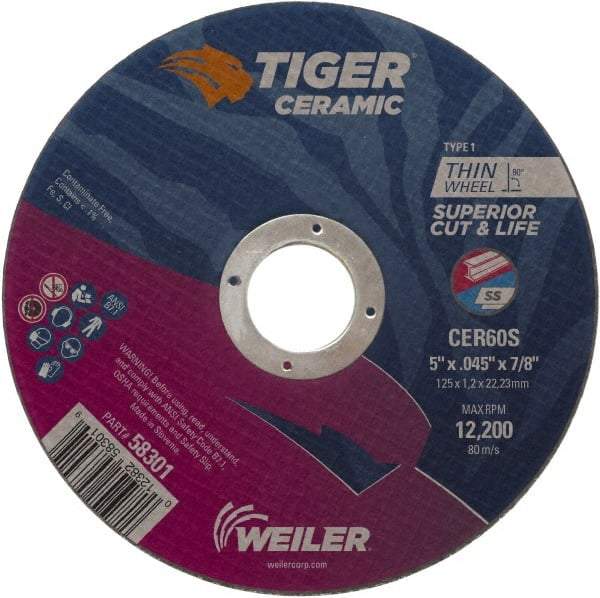 Weiler - 5" 60 Grit Ceramic Cutoff Wheel - 0.045" Thick, 7/8" Arbor, 12,200 Max RPM, Use with Angle Grinders - USA Tool & Supply