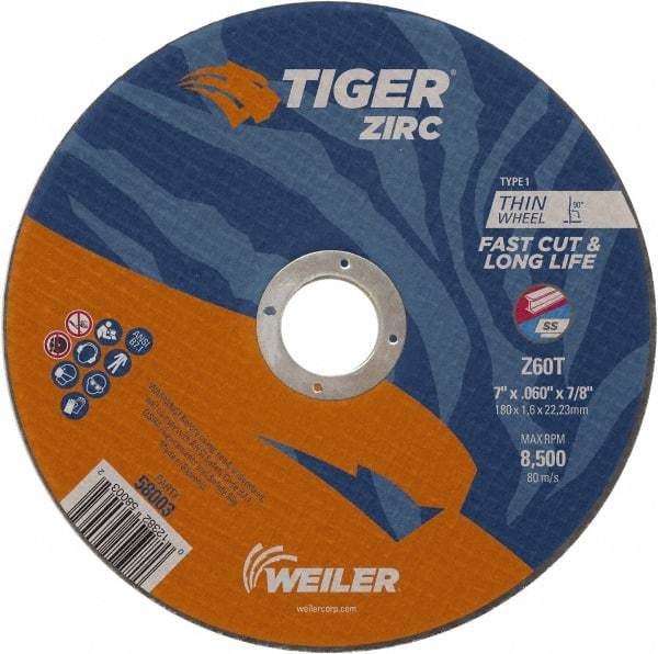 Weiler - 7" 60 Grit Zirconia Alumina Cutoff Wheel - 0.06" Thick, 7/8" Arbor, 8,500 Max RPM, Use with Angle Grinders - USA Tool & Supply