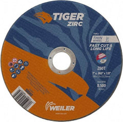 Weiler - 7" 60 Grit Zirconia Alumina Cutoff Wheel - 0.06" Thick, 7/8" Arbor, 8,500 Max RPM, Use with Angle Grinders - USA Tool & Supply