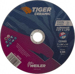 Weiler - 7" 60 Grit Ceramic Cutoff Wheel - 0.06" Thick, 7/8" Arbor, 8,500 Max RPM, Use with Angle Grinders - USA Tool & Supply