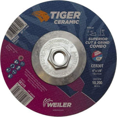 Weiler - 30 Grit, 6" Wheel Diam, Type 27 Depressed Center Wheel - Hard Grade, Ceramic, T Hardness, 10,200 Max RPM - USA Tool & Supply